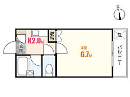 コーポ溝手 4階1Kの間取り