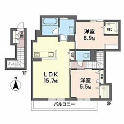 リバーサイド長岡II 2階2LDKの間取り