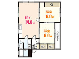 コーポ上中 1階2LDKの間取り