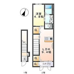 ファミール大野 2階1LDKの間取り