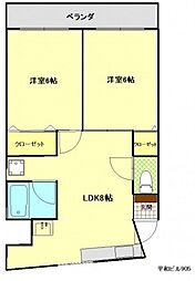 平和ビル 9階2LDKの間取り