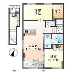 カーサ牛田本町 2階2LDKの間取り