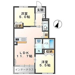 カーサ牛田本町 1階2LDKの間取り