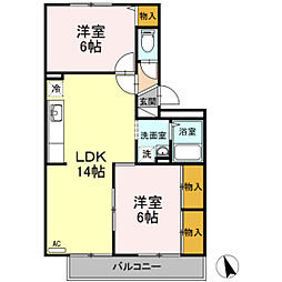 クレージュ中村 2LDKの間取図画像