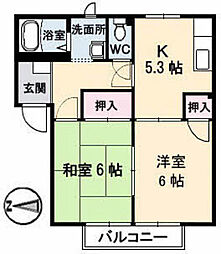 フレグランス三上　B棟 2階2DKの間取り