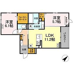 プレミア西条中央B棟 2階2LDKの間取り
