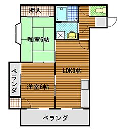 ヴィラ旭 3階2LDKの間取り