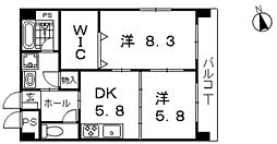 広島電鉄1系統 御幸橋駅 徒歩13分の賃貸マンション 4階2DKの間取り