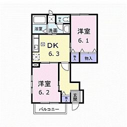 サンセールT.O 1階2DKの間取り