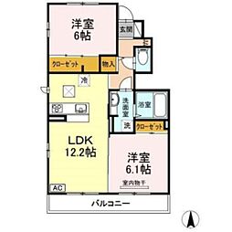 グランディール東原 B棟 1階2LDKの間取り