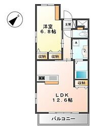 大原駅前セントラルマンション 2階1LDKの間取り