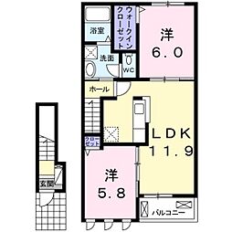 エソール　カルメ 2階2LDKの間取り