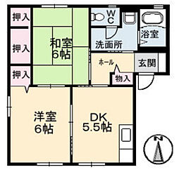 フレグランス沖広　B棟 1階2DKの間取り