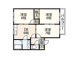 コスモハイツ三戸B 2階3DKの間取り