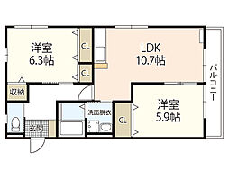 パークサイド中山II 1階2LDKの間取り