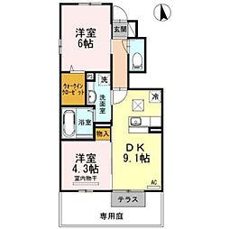カーサアリエッタA・B・C　A棟 1階2DKの間取り