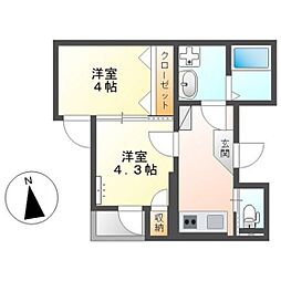 グランディール・Hatada 3階2Kの間取り