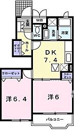 リバーサイド・ハーモニー　B 1階2DKの間取り