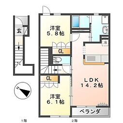 サンセール輝 2LDKの間取図画像