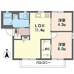 サニーハイツ牛田B 2LDKの間取図画像