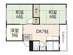 木本レジデンスＢ 2階3DKの間取り