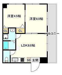 リヴィエラII 8階2DKの間取り
