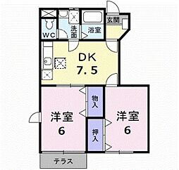 エミール沖山 1階2DKの間取り