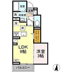 Ｄ-ＲＯＯＭ若宮 1階1LDKの間取り