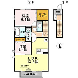 D-room桜 Ａ棟 2階2LDKの間取り