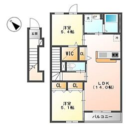 グランコリーヌII 2階2LDKの間取り