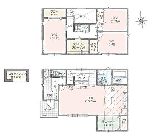 3LDK＋タタミコーナー3帖；スキップフロア（収納）※図面と現況に相違ある場合には現況優先とします。 