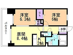 グレースコート北18条 2LDKの間取図画像