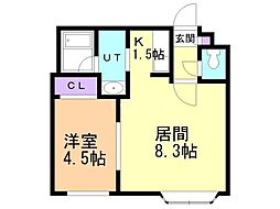リリアンII 1階1LDKの間取り