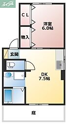 JR宇野線 大元駅 徒歩16分の賃貸アパート 1階1DKの間取り