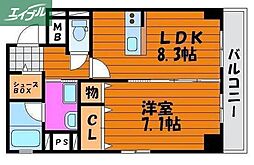 JR宇野線 大元駅 徒歩8分の賃貸マンション 2階1LDKの間取り