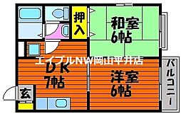 JR赤穂線 長船駅 徒歩5分の賃貸アパート 1階2DKの間取り