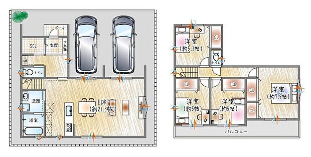【参考プラン図】ゆとりのある2階建て×4LDKプランのご提案。駐車並列2台可能なので来客時も安心です◎