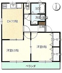 ラッキータウン庭瀬G棟 2DKの間取図画像