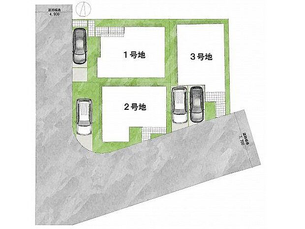 【区画図】道路：西向き・幅員4.9m〜南向き・幅員7.7m土地面積：110.74平米