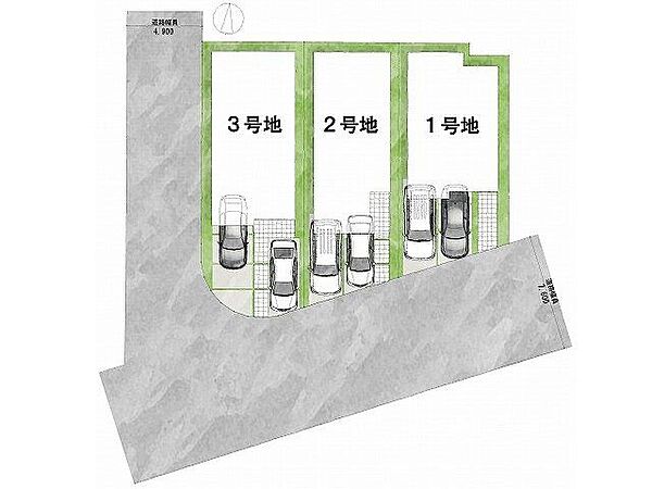 【区画図】3号地道路：南向き・幅員7.7m土地面積：110.74平米