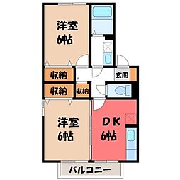 JR東北本線 小山駅 徒歩21分の賃貸アパート 1階2DKの間取り