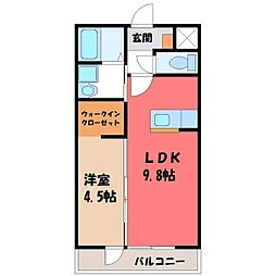 JR東北本線 小山駅 徒歩28分の賃貸アパート 1階1LDKの間取り