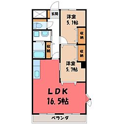 JR東北新幹線 小山駅 バス21分 城南公園下車 徒歩4分の賃貸マンション 2階2LDKの間取り