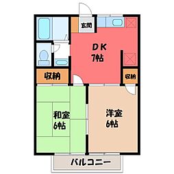 JR東北本線 小山駅 徒歩19分の賃貸アパート 2階2DKの間取り