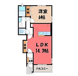 JR東北本線 小山駅 バス16分 城南小前下車 徒歩4分の賃貸アパート 1階1LDKの間取り