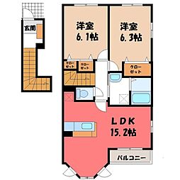 JR水戸線 下館駅 徒歩18分の賃貸アパート 2階2LDKの間取り