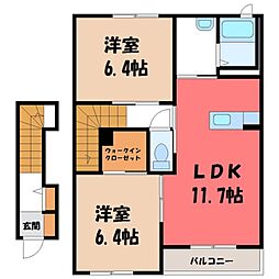 JR水戸線 結城駅 徒歩15分の賃貸アパート 2階2LDKの間取り