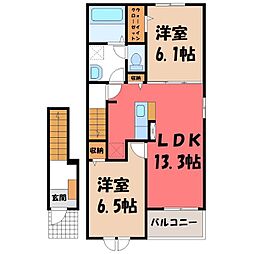 JR両毛線 大平下駅 バス4分 カワチ大平店前下車 徒歩6分の賃貸アパート 2階2LDKの間取り