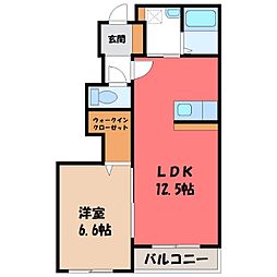 東武日光線 新栃木駅 徒歩12分の賃貸アパート 1階1LDKの間取り