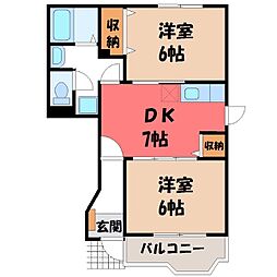 JR水戸線 結城駅 徒歩15分の賃貸アパート 1階2DKの間取り